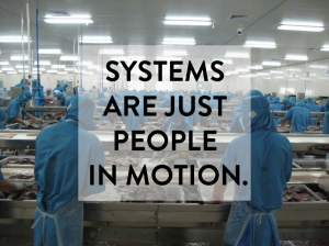 Image of seafood workers with systems are just people in motion statement
