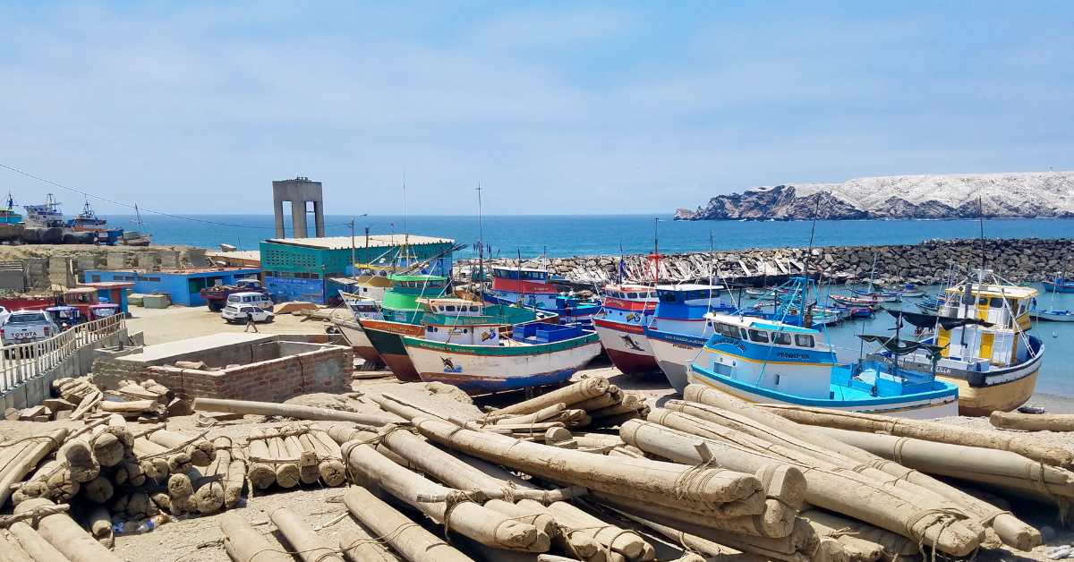 Image of a Peruvian port, with boats and rafts to get to vessels.